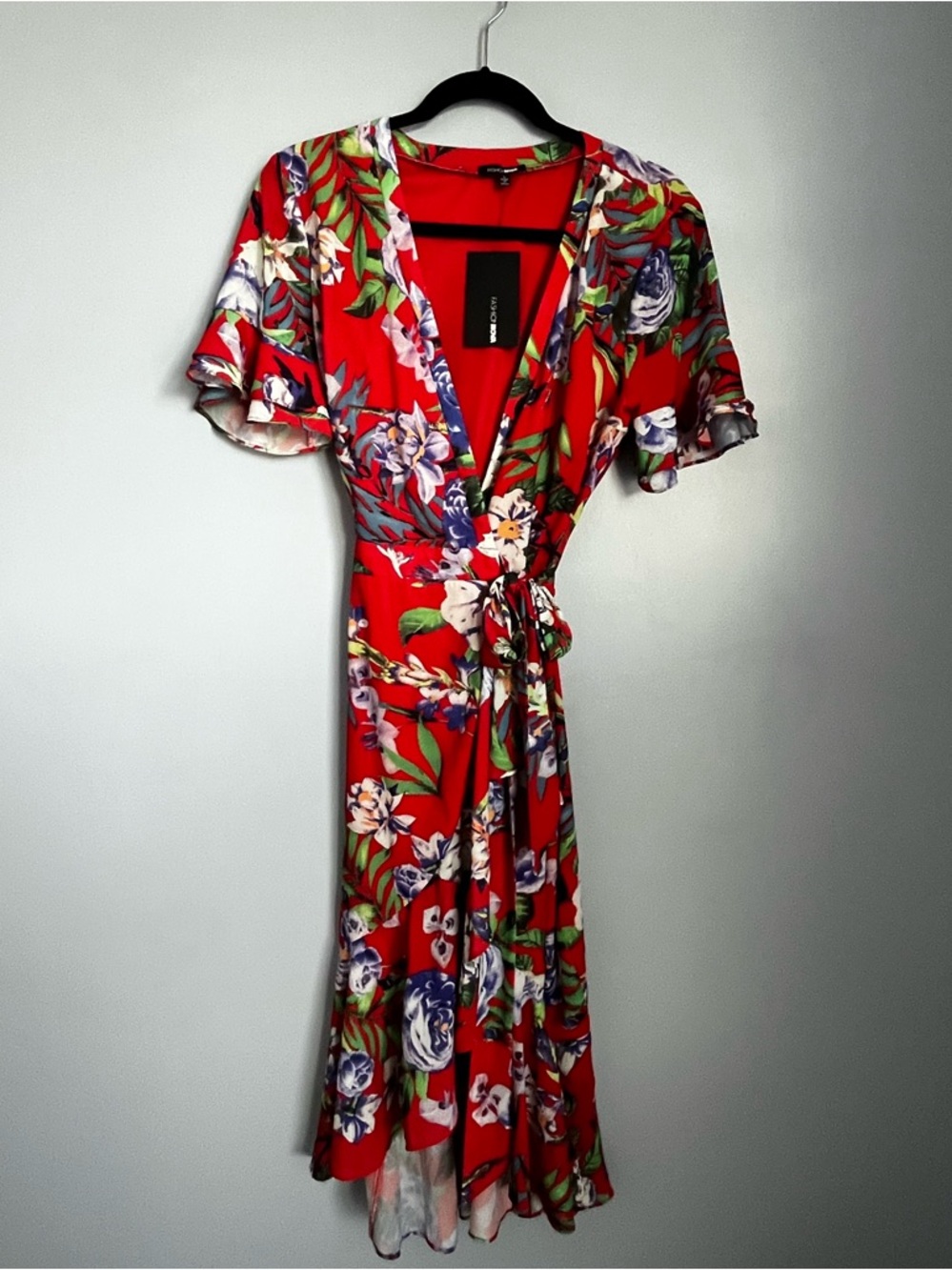 Fashion Nova Red Floral Wrap Midi Dress SZ Large side cutout